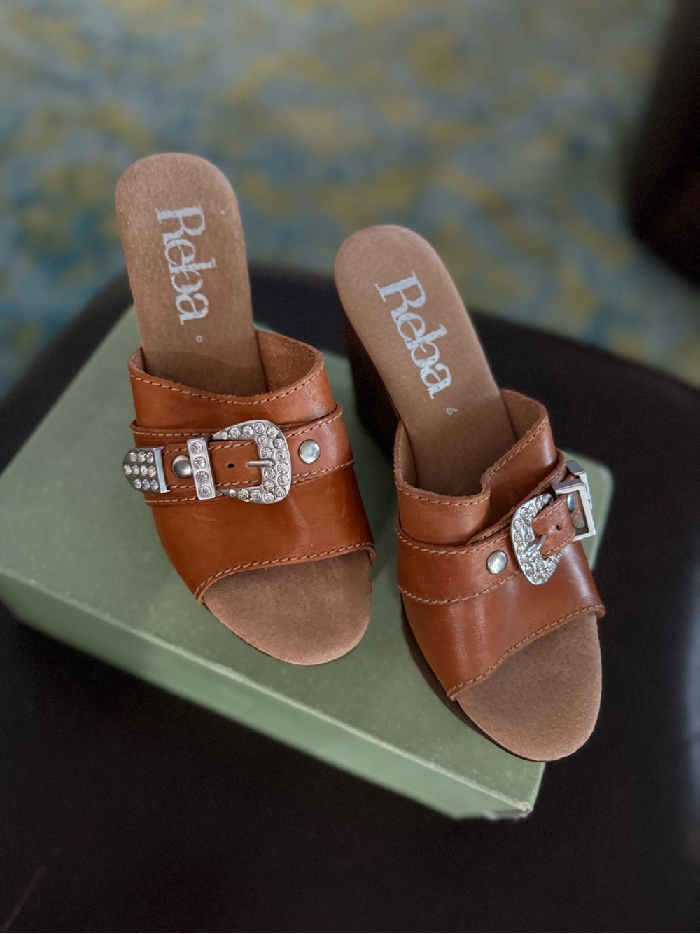 Reba Cognac Leather Slide Mules with Jeweled Buckles